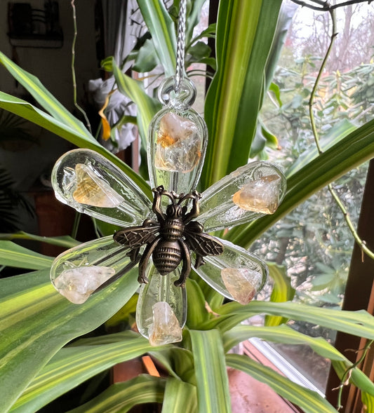 Flower and Honeybee Glass Ornament with Citrine Stones