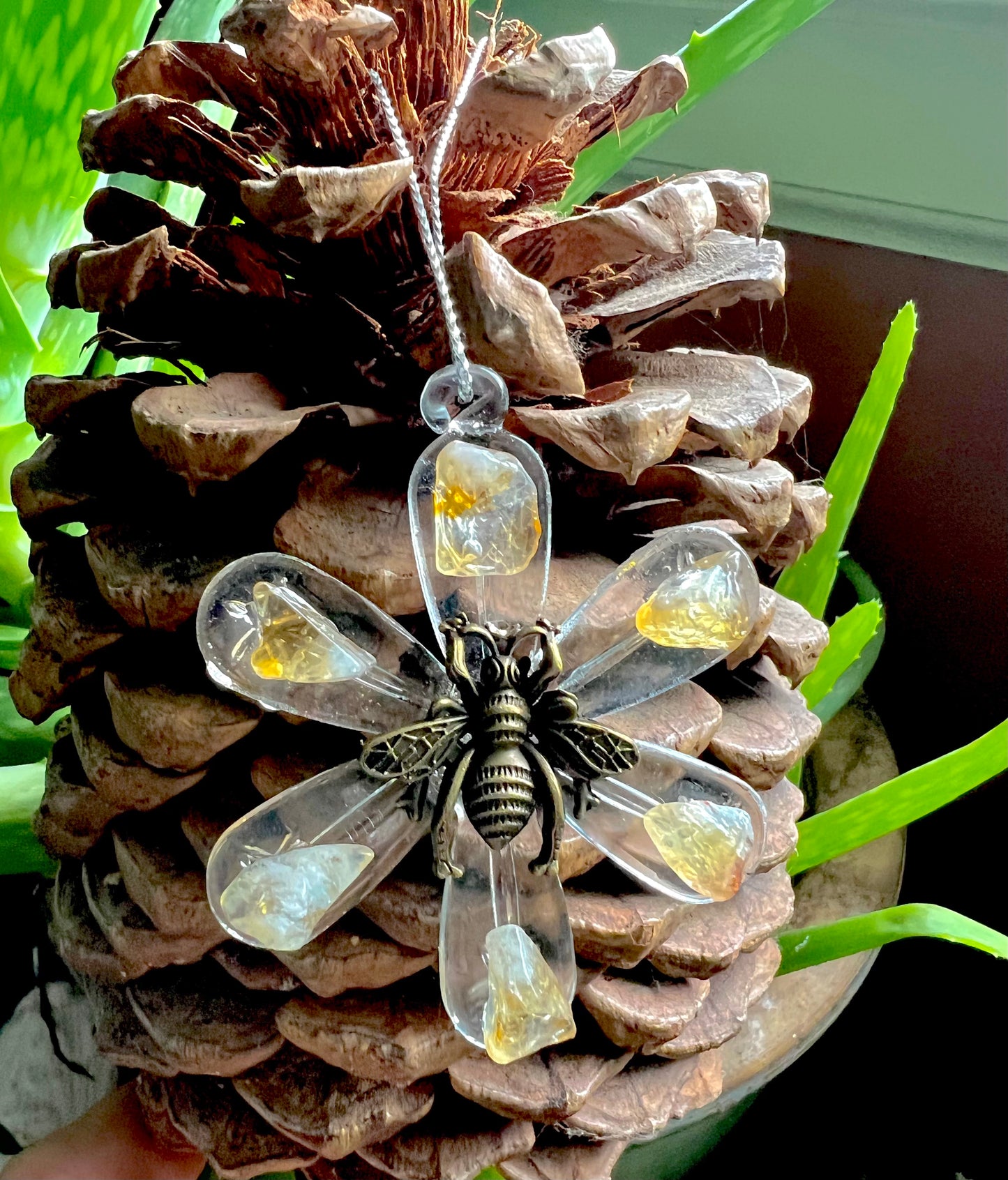 Flower and Honeybee Glass Ornament with Citrine Stones