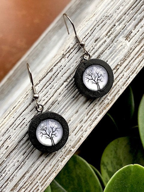 Black and White Winter Tree Earrings