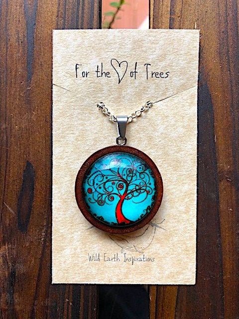 Blue Swirly Tree Pendant with Silver Chain Necklace