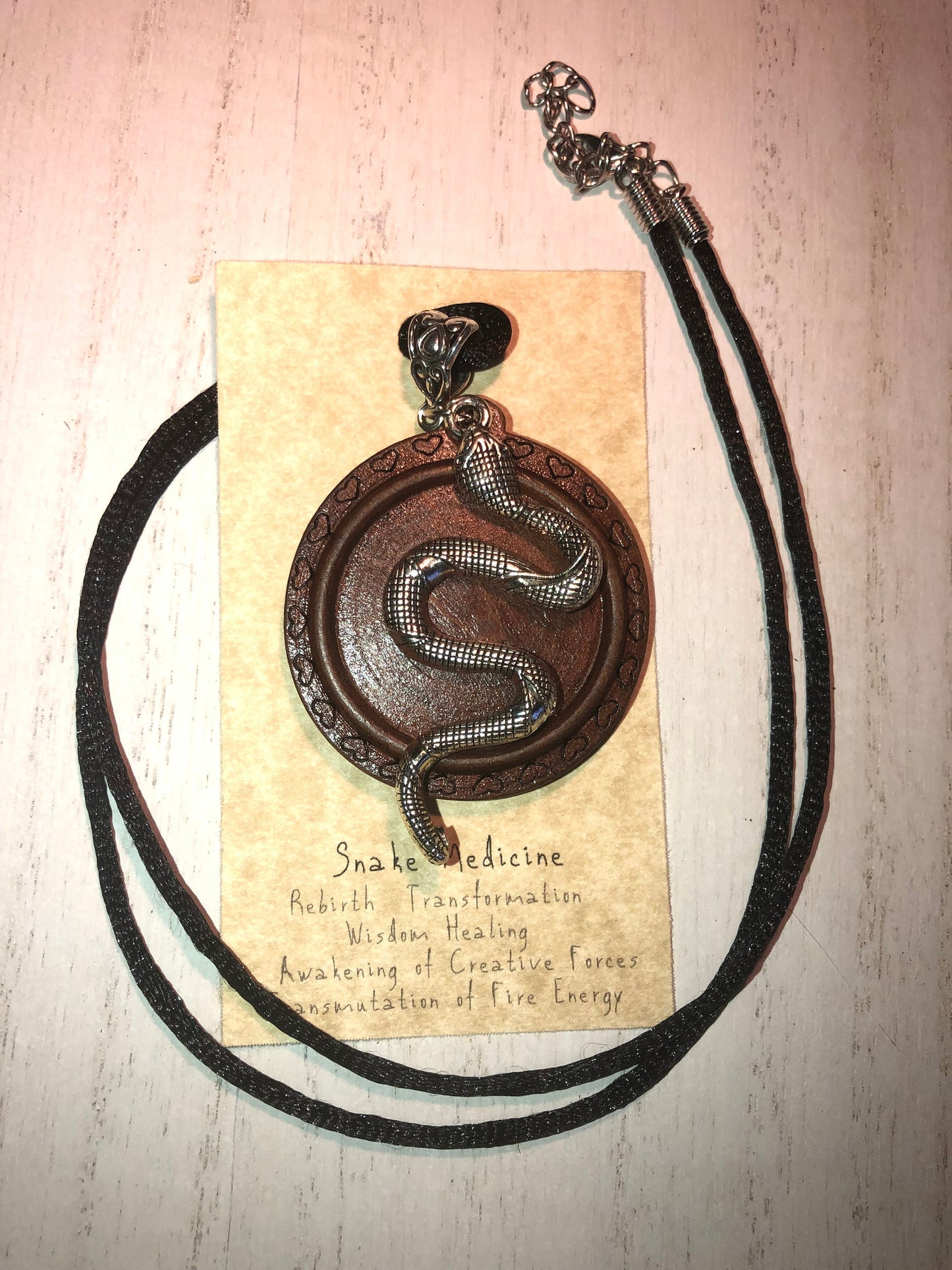 Silver Snake Pendant with wooden base with satin silky black cord necklace