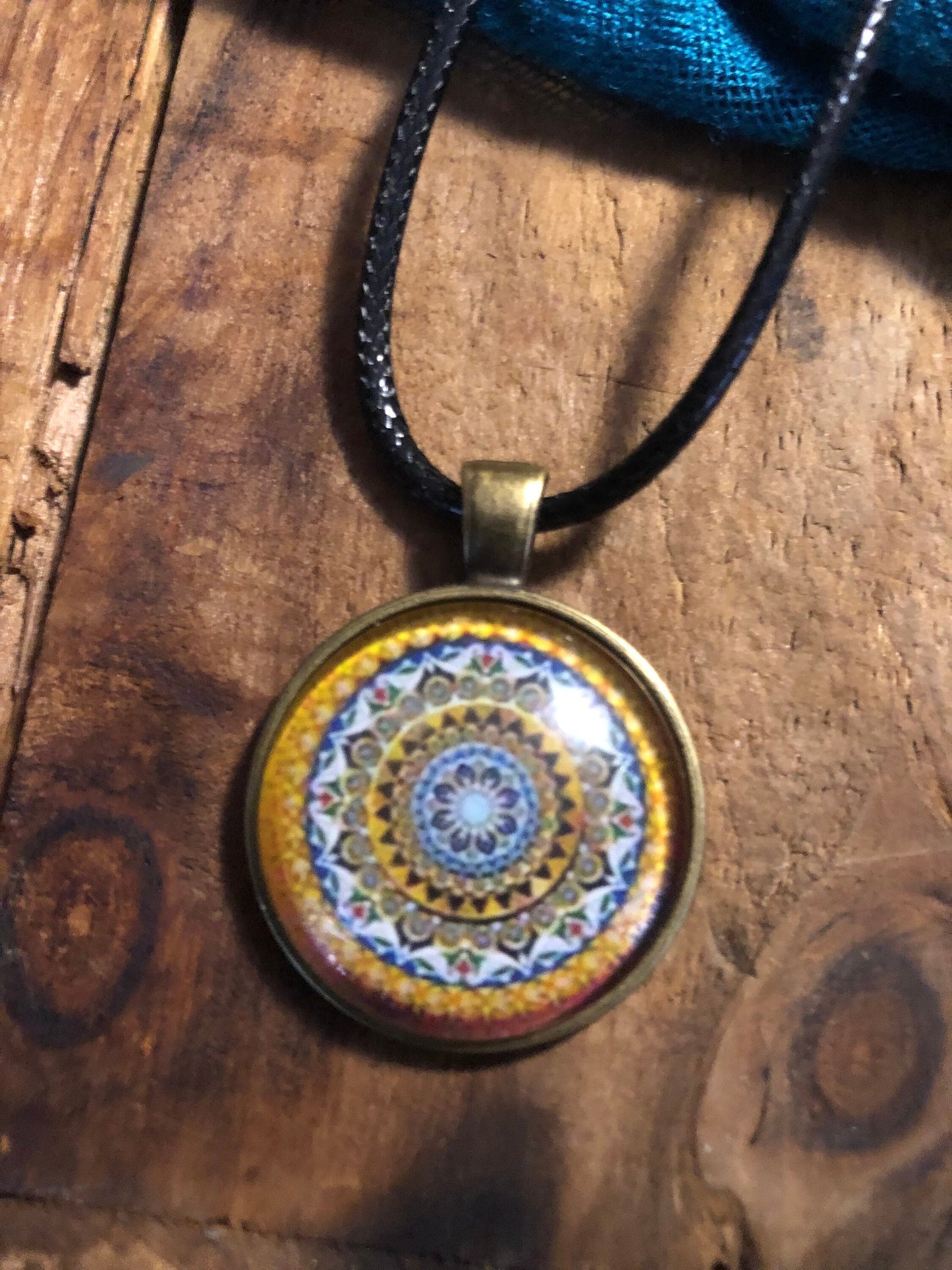 Golden Bohemian Pendant (with black satin cord)