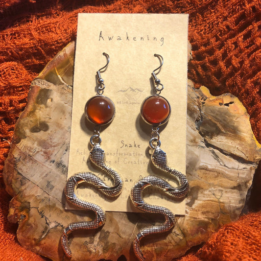 Awakening Earrings: Silver Snakes with Carnelian Stones