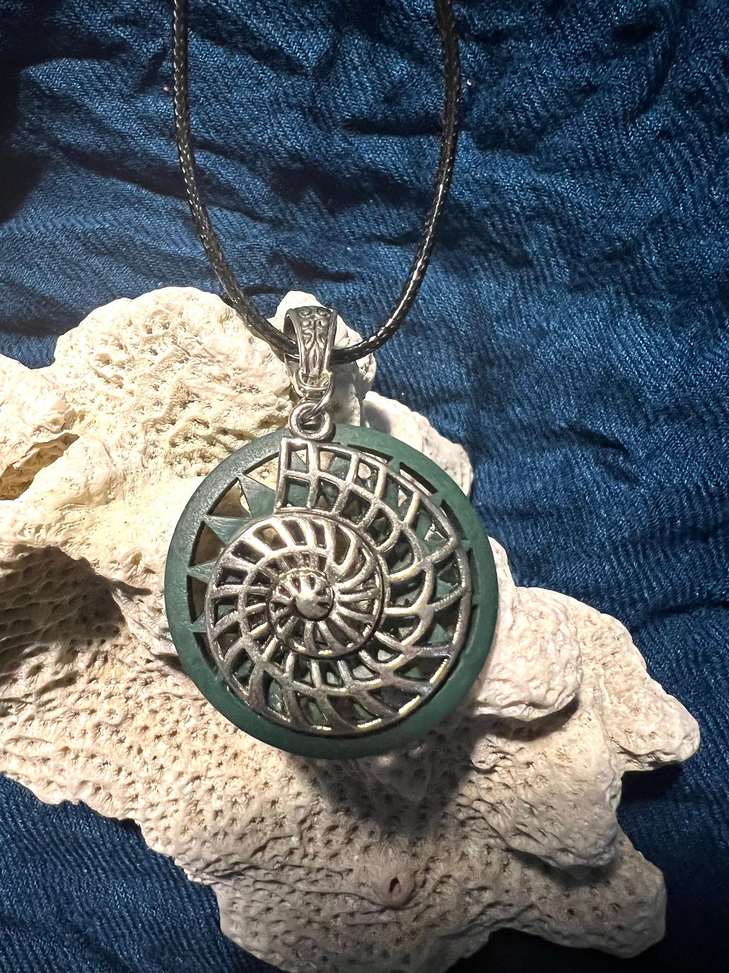 Wooden Pendant with Silver Nautilus