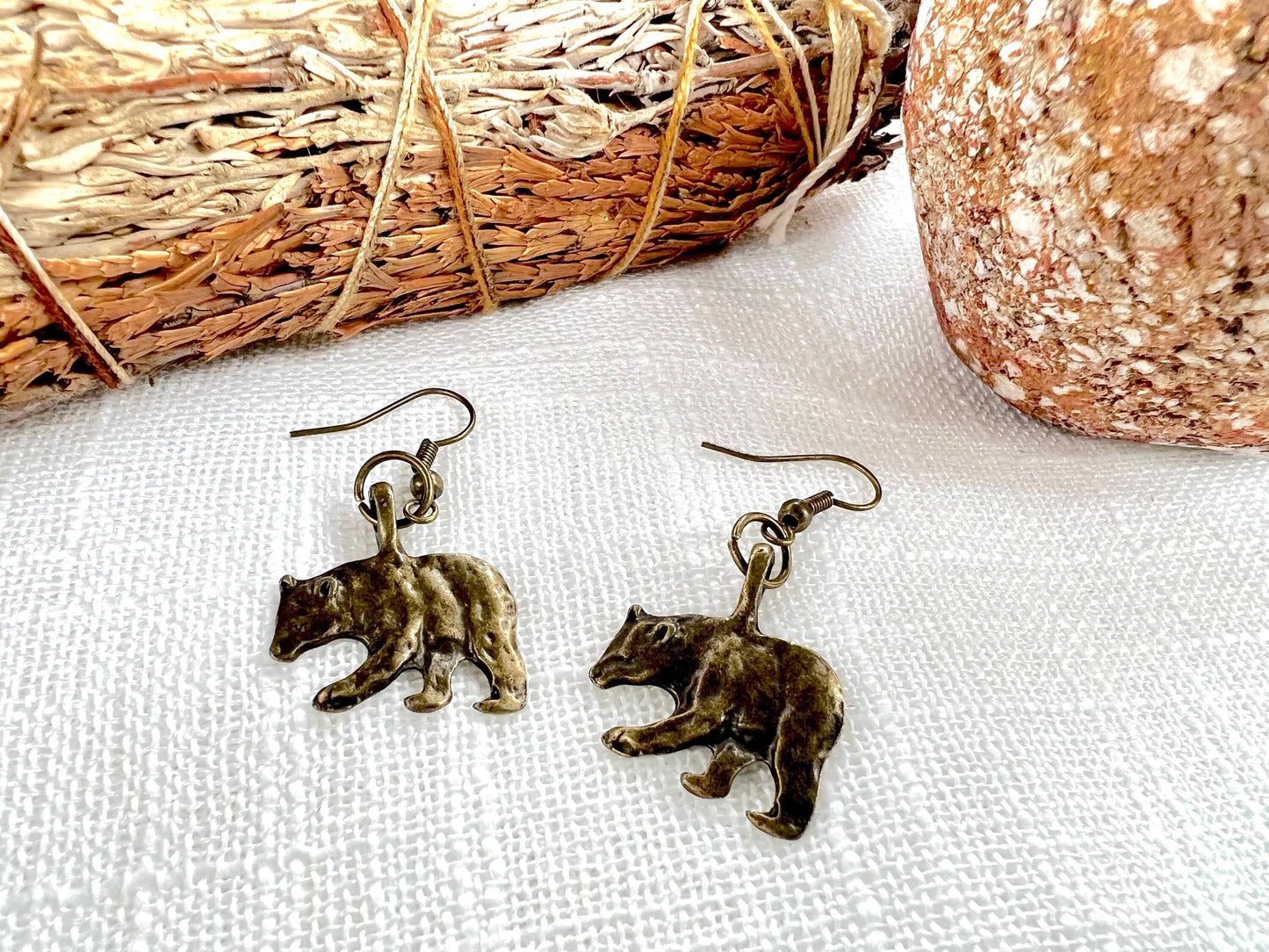 Antique Brass Black Bear  Earrings