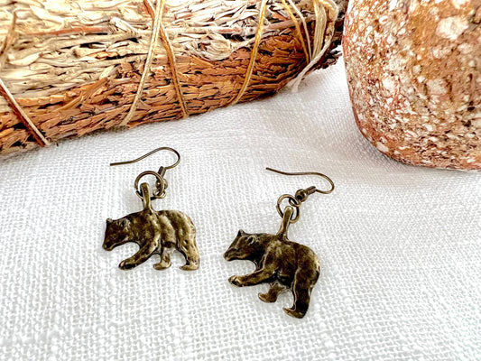 Antique Brass Black Bear  Earrings