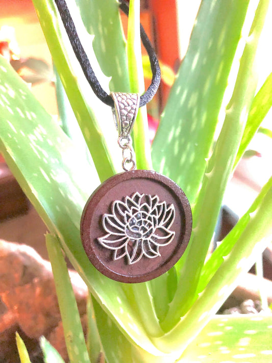 Silver and Wooden Lotus Flower Pendant with black silky cord necklace