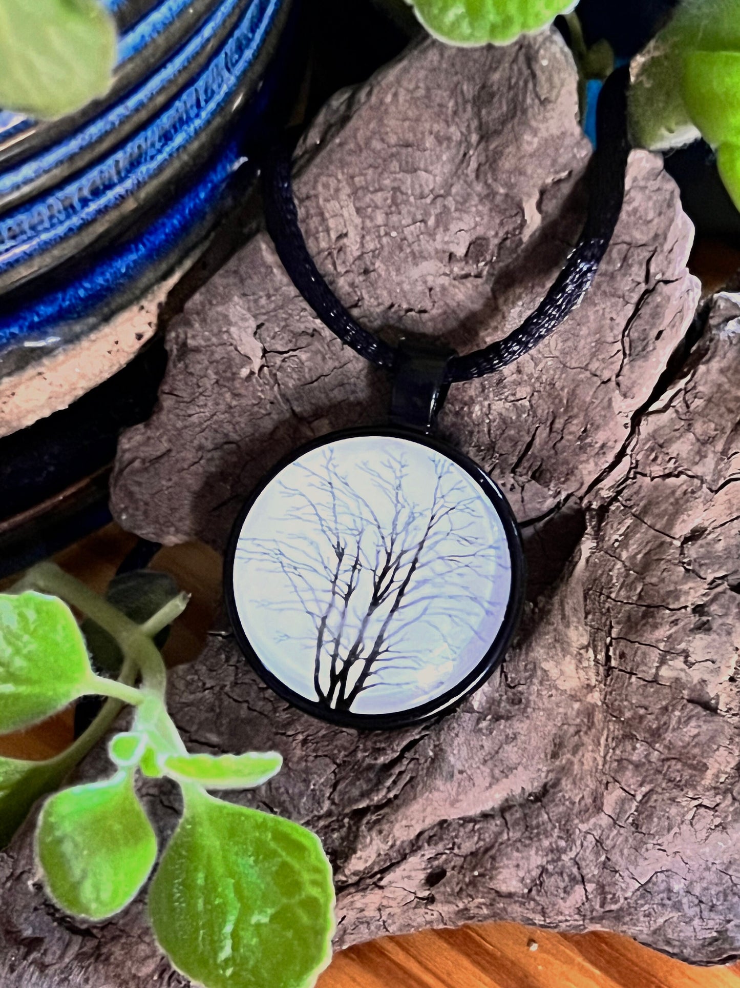 Black and White Winter Tree Pendant (with black corded necklace)