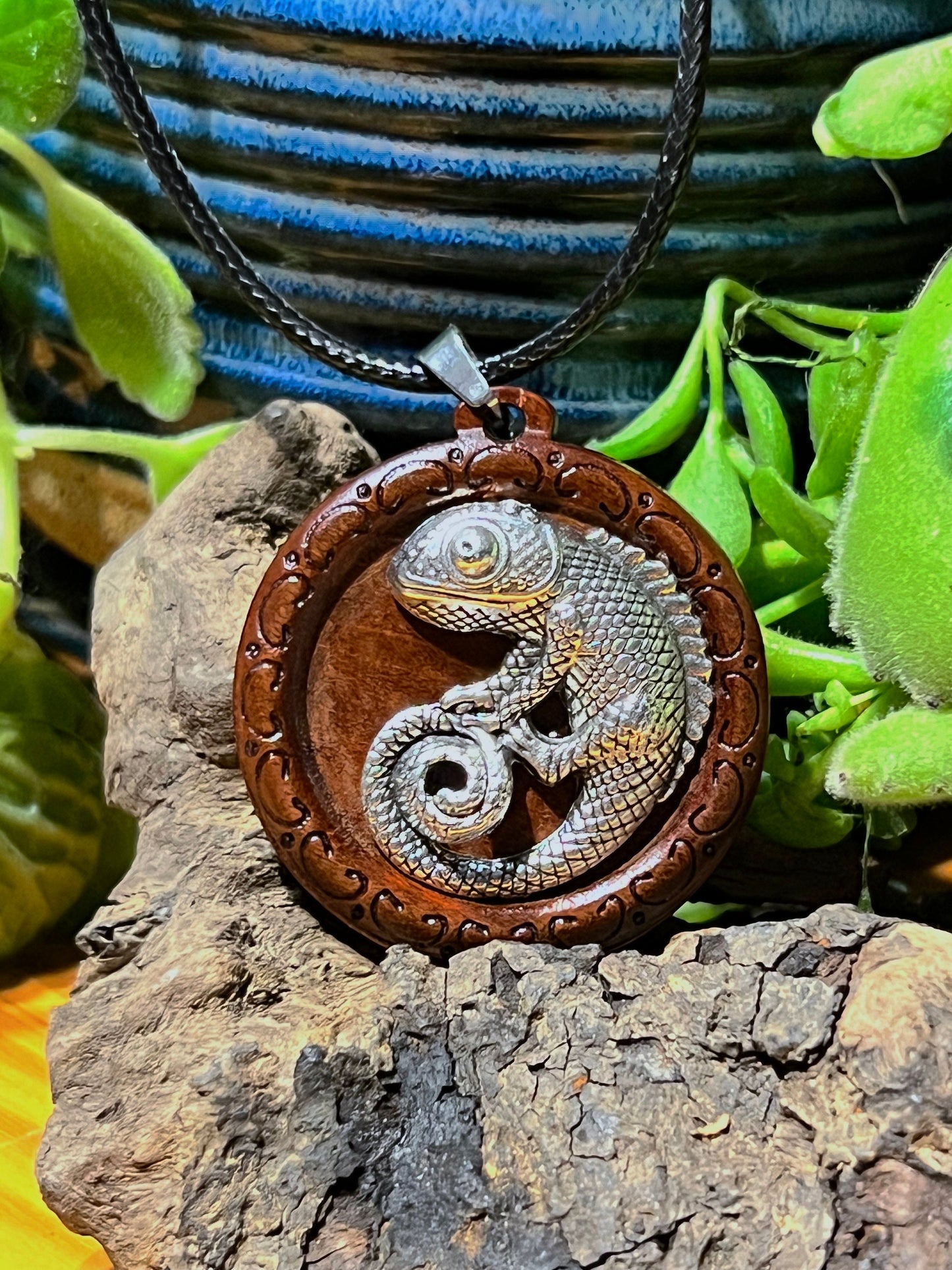 Chameleon Wooden Pendant (with black corded necklace)