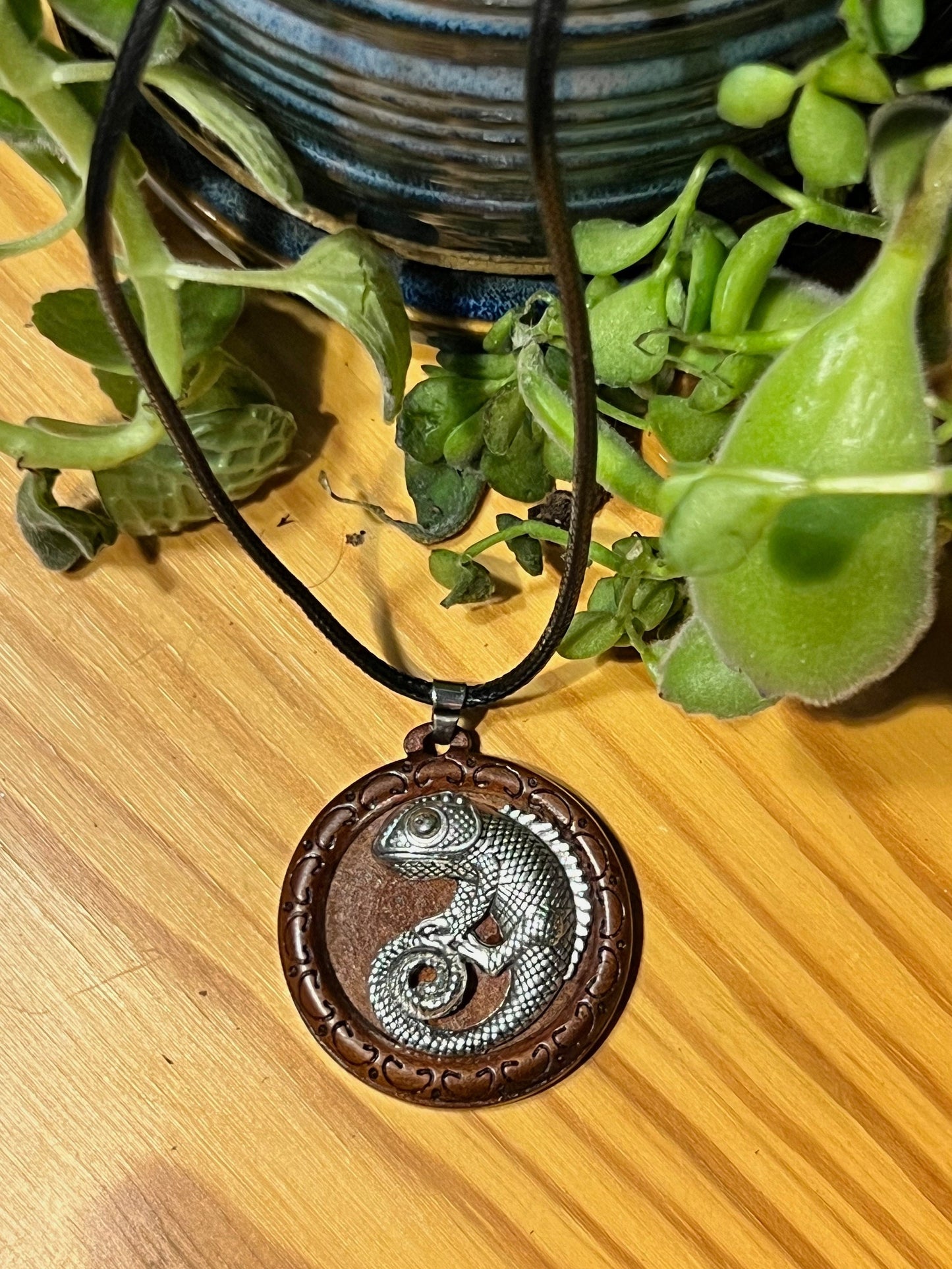 Chameleon Wooden Pendant (with black corded necklace)