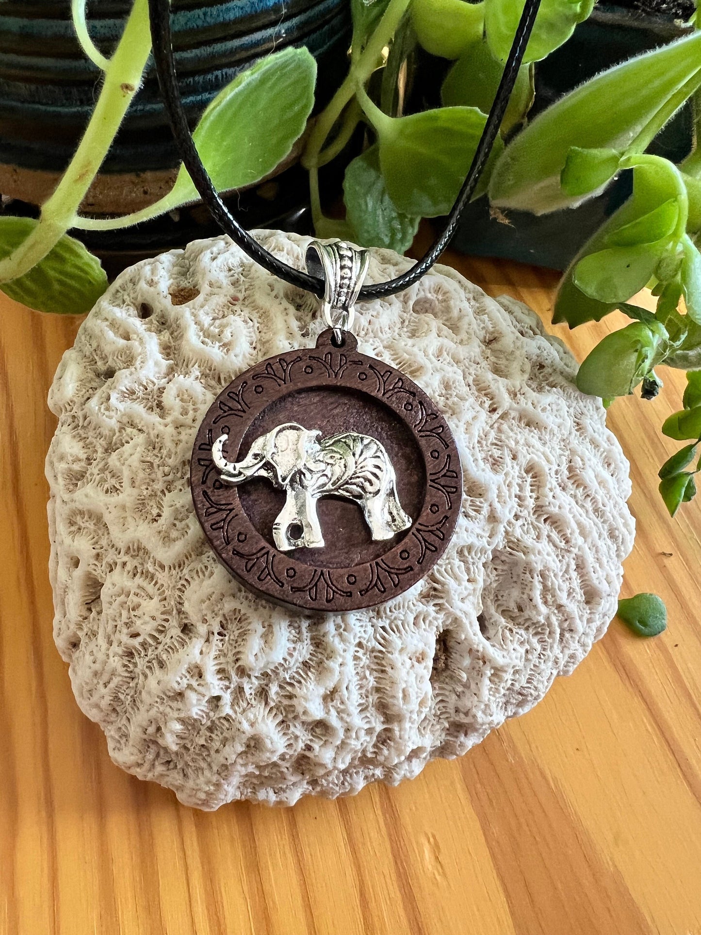 Elephant Wooden Pendant (with black corded necklace)