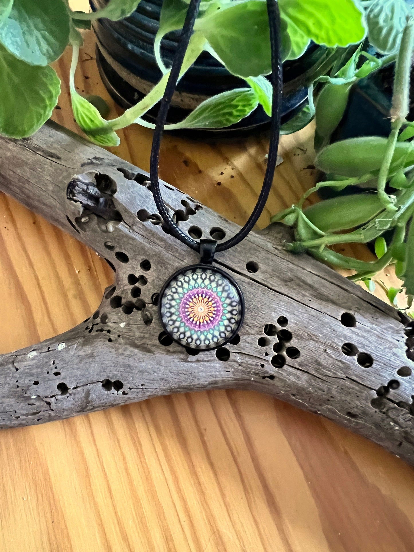 Sunburst Mandala Pendant (with black corded necklace)