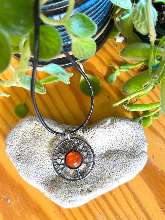 Heart of Fire Tree Pendant with Carnelian ( comes with black corded necklace)