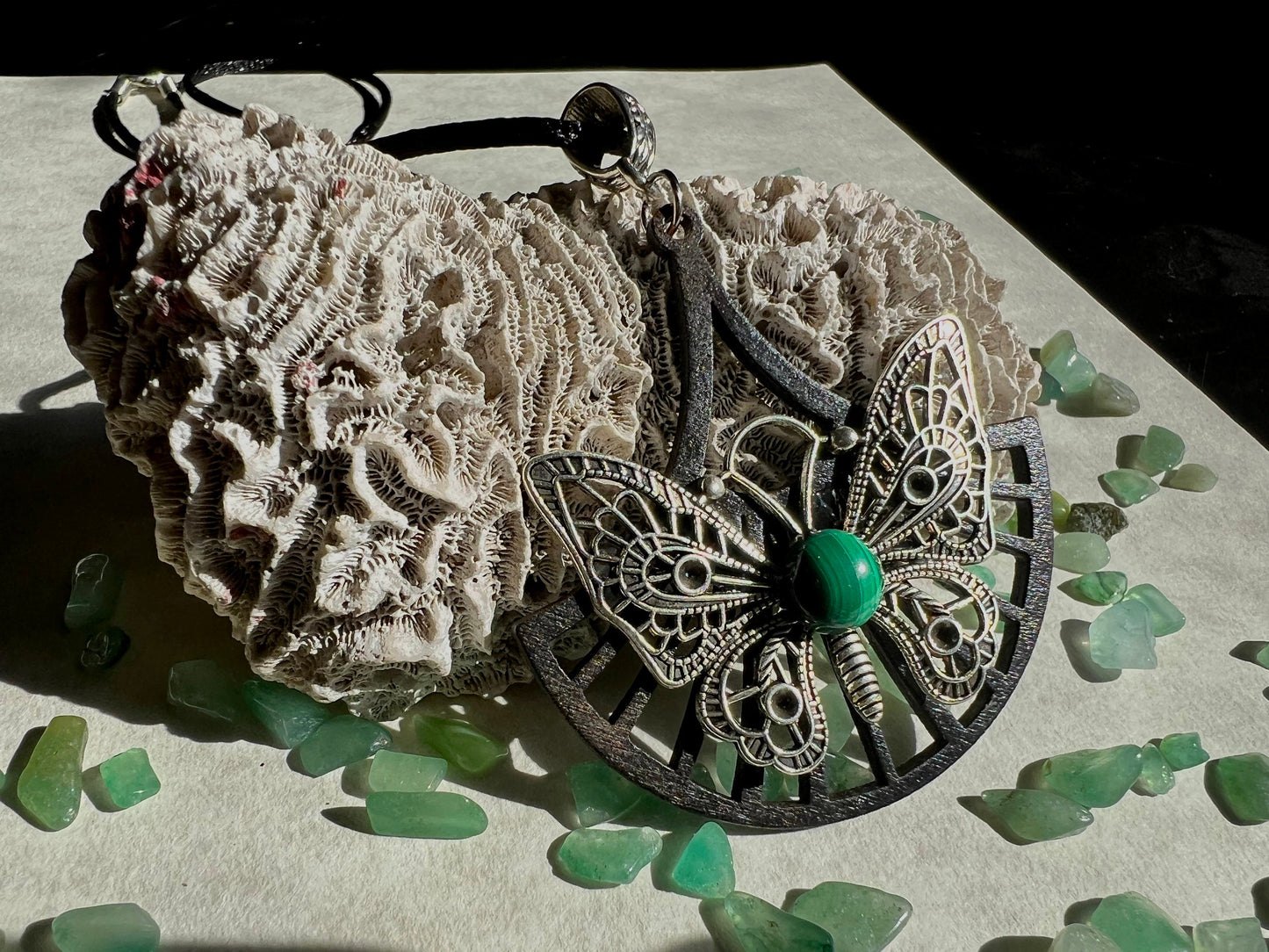 Butterfly Pendant with Malachite Stone ( with black corded necklace)