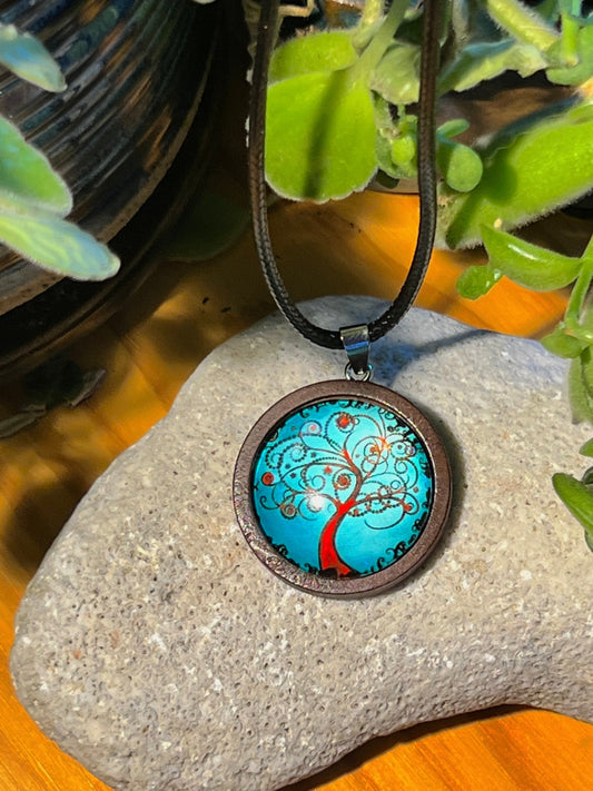 Blue Swirly Tree Pendant with Silver Chain Necklace