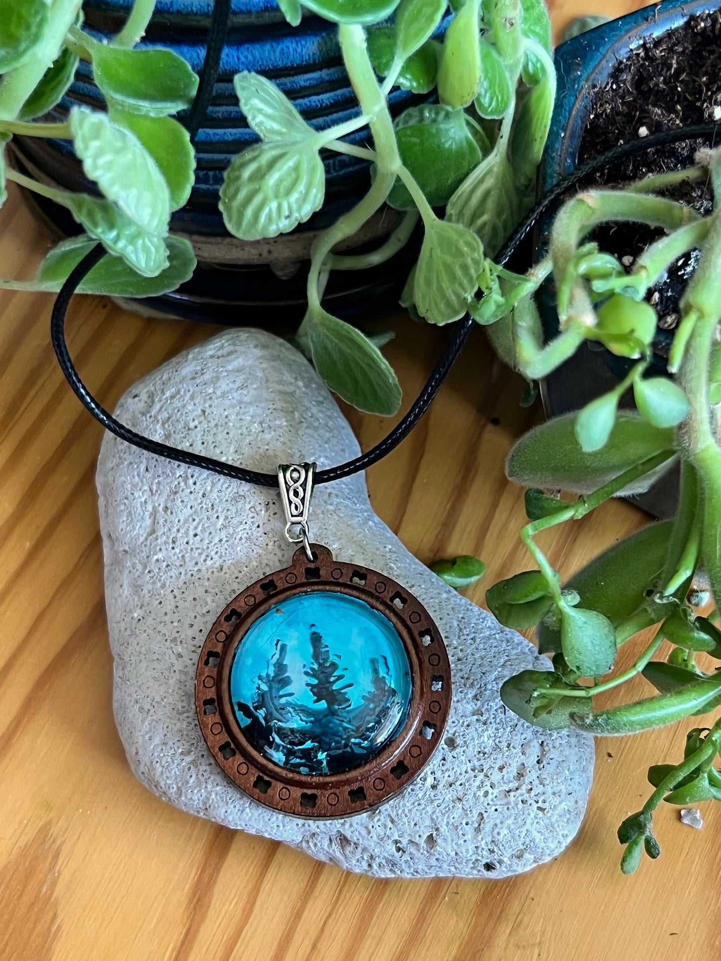 Mountain Shadows Wooden Pendant (with black corded necklace)