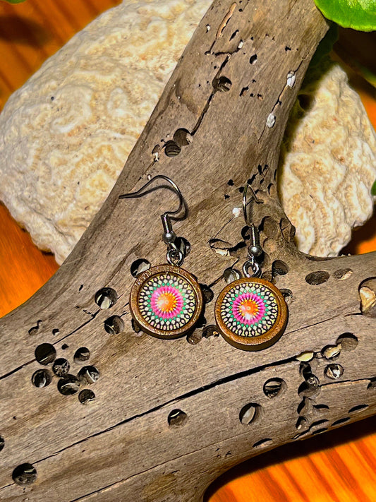 Vibrant Sun Wooden Mandala Dangle Earrings