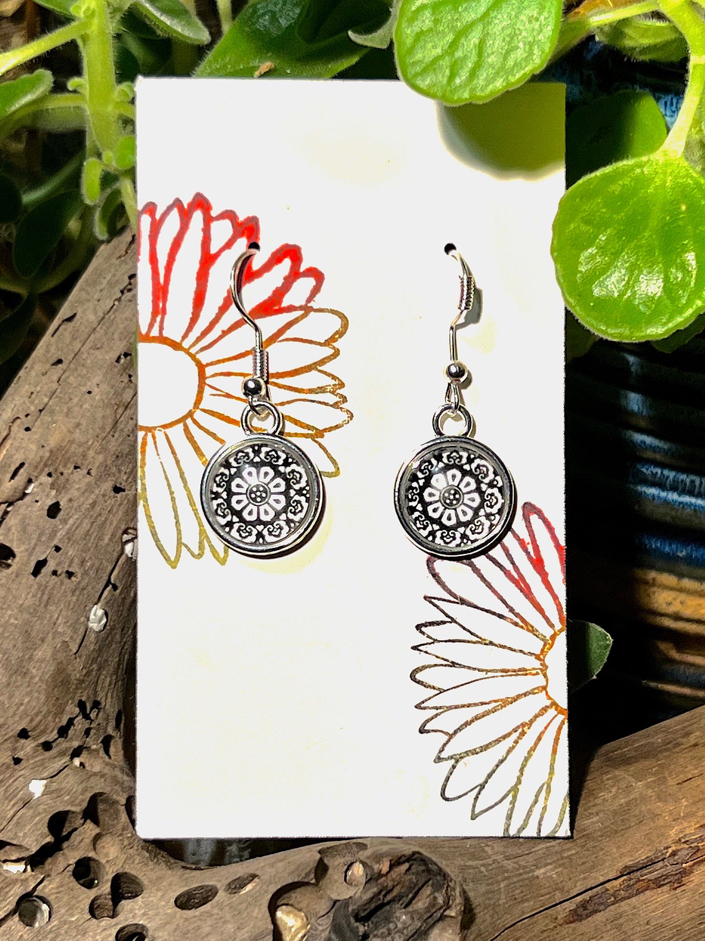 Black Daisy Mandala Earrings