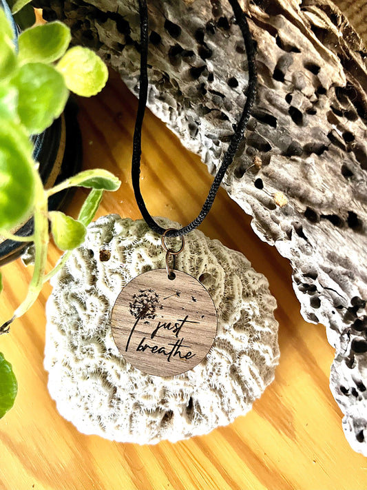 Just Breathe Walnut Pendant (with black corded necklace)