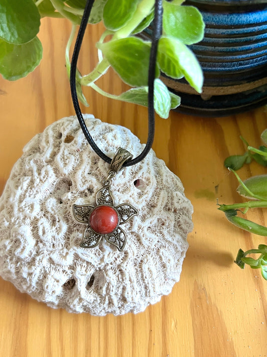 Jasper Flower Pendant (with black corded necklace)