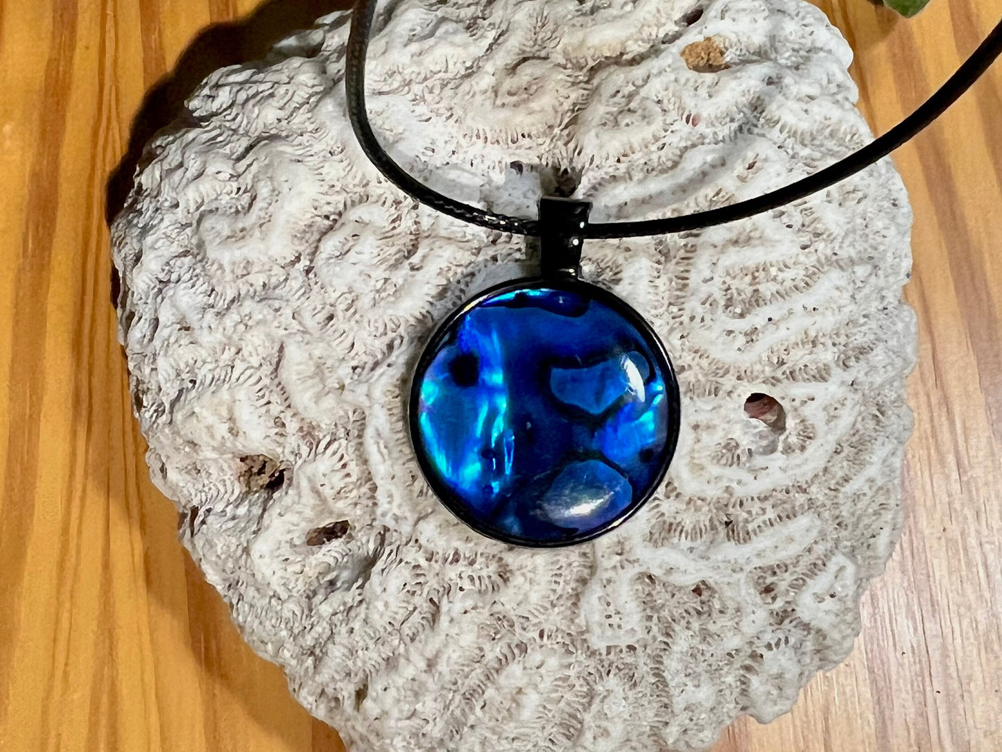 Deep Blue Mother of Pearl Silver Pendant (with black corded necklace)
