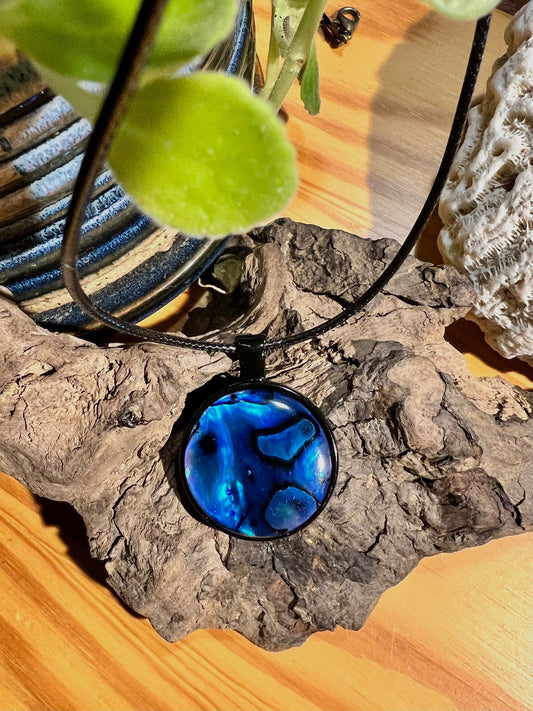 Deep Blue Mother of Pearl Silver Pendant (with black corded necklace)