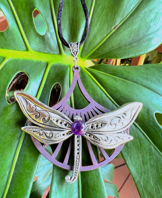 Dragonfly Pendant with Amethyst Stone  (with black corded necklace)