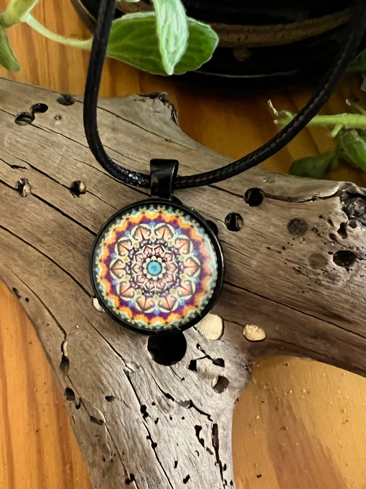 Burst of Joy  Mandala Pendant (with black cord necklace)