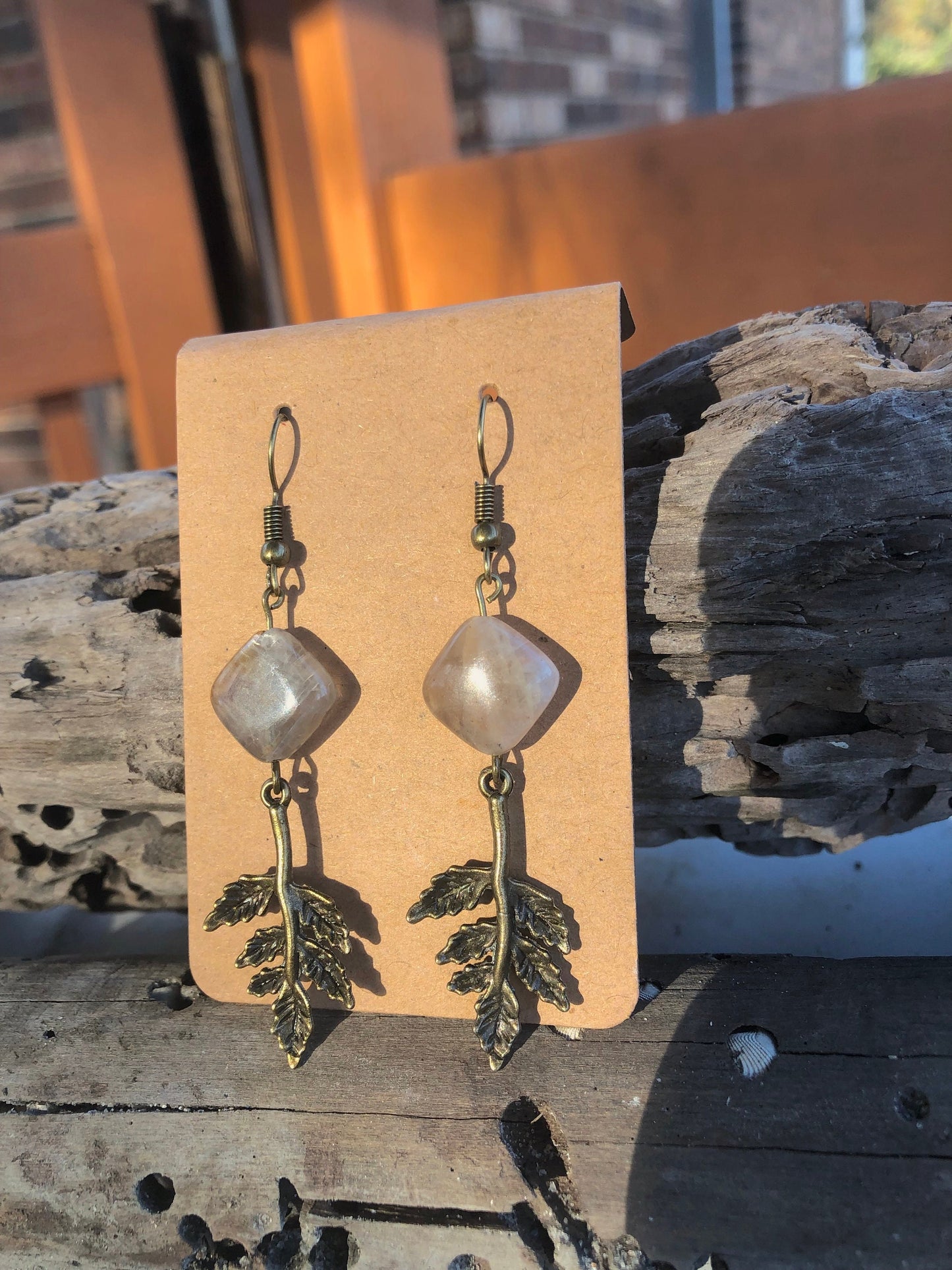 Moss Agate with Bronze Leaves Earrings