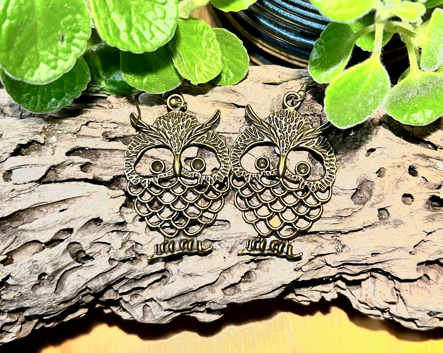 Antique Brass Owl Earrings (Large)