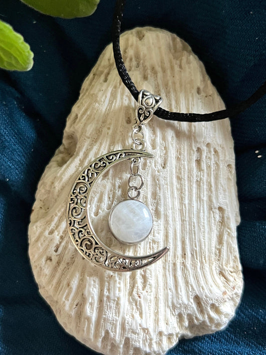 Moonshine Moonstone Pendant with black silky cord necklace