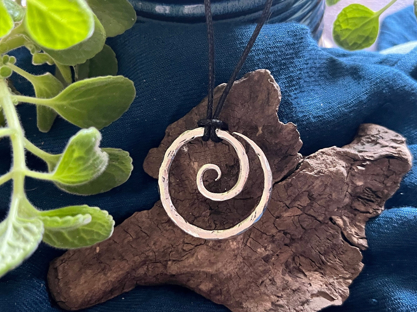 Viking Spiral Silver Pendant (with black corded necklace)