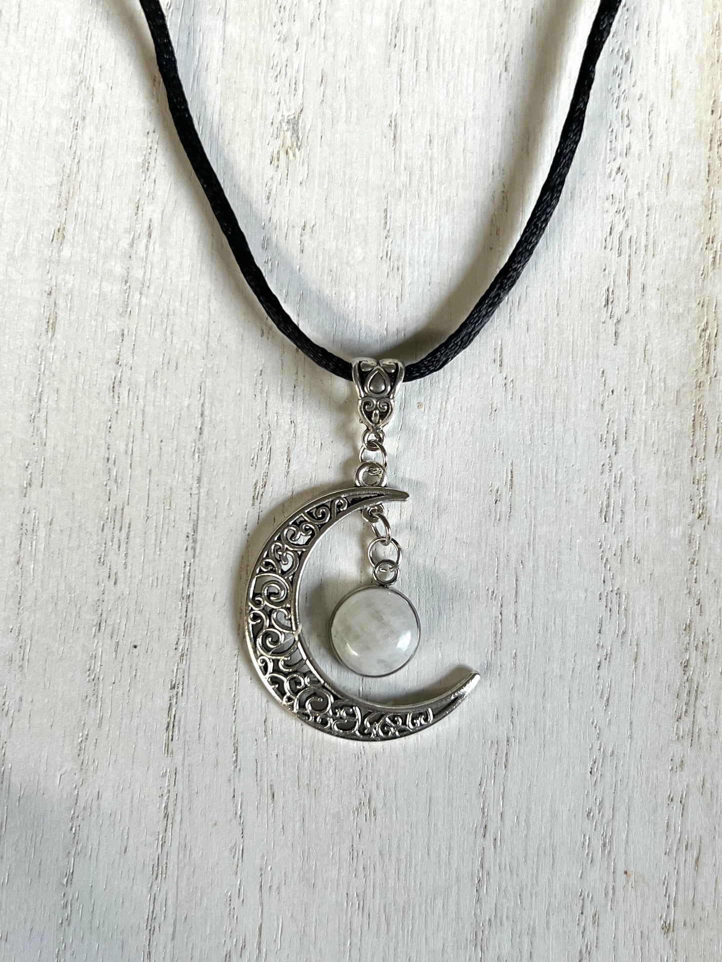 Moonshine Moonstone Pendant with black silky cord necklace