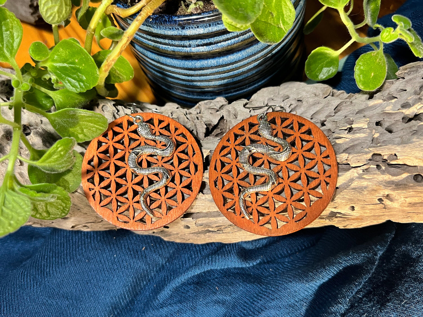 Wooden Silver Snakes Earrings