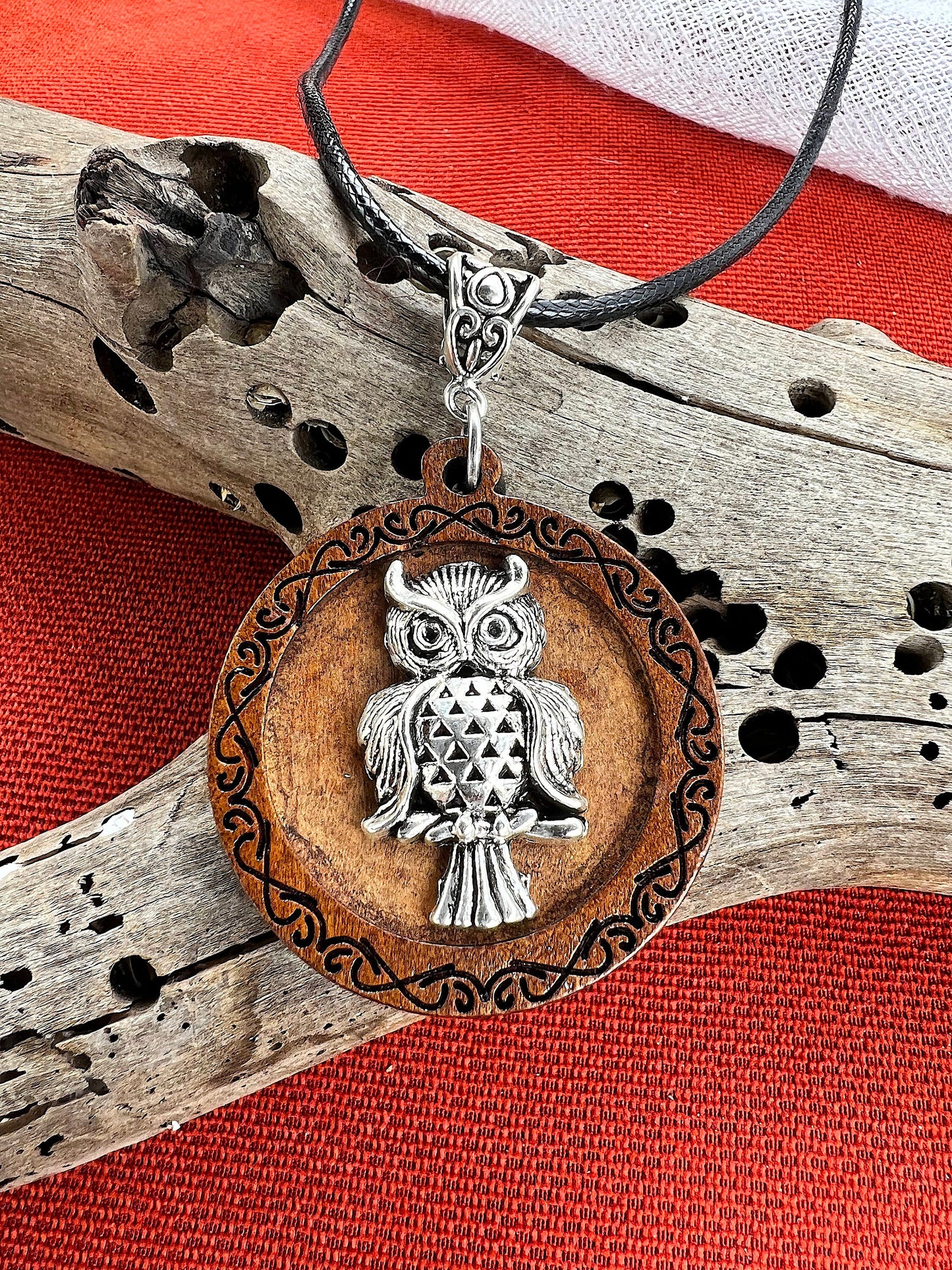 Sweetest Owl Wooden Pendant (with black corded necklace)
