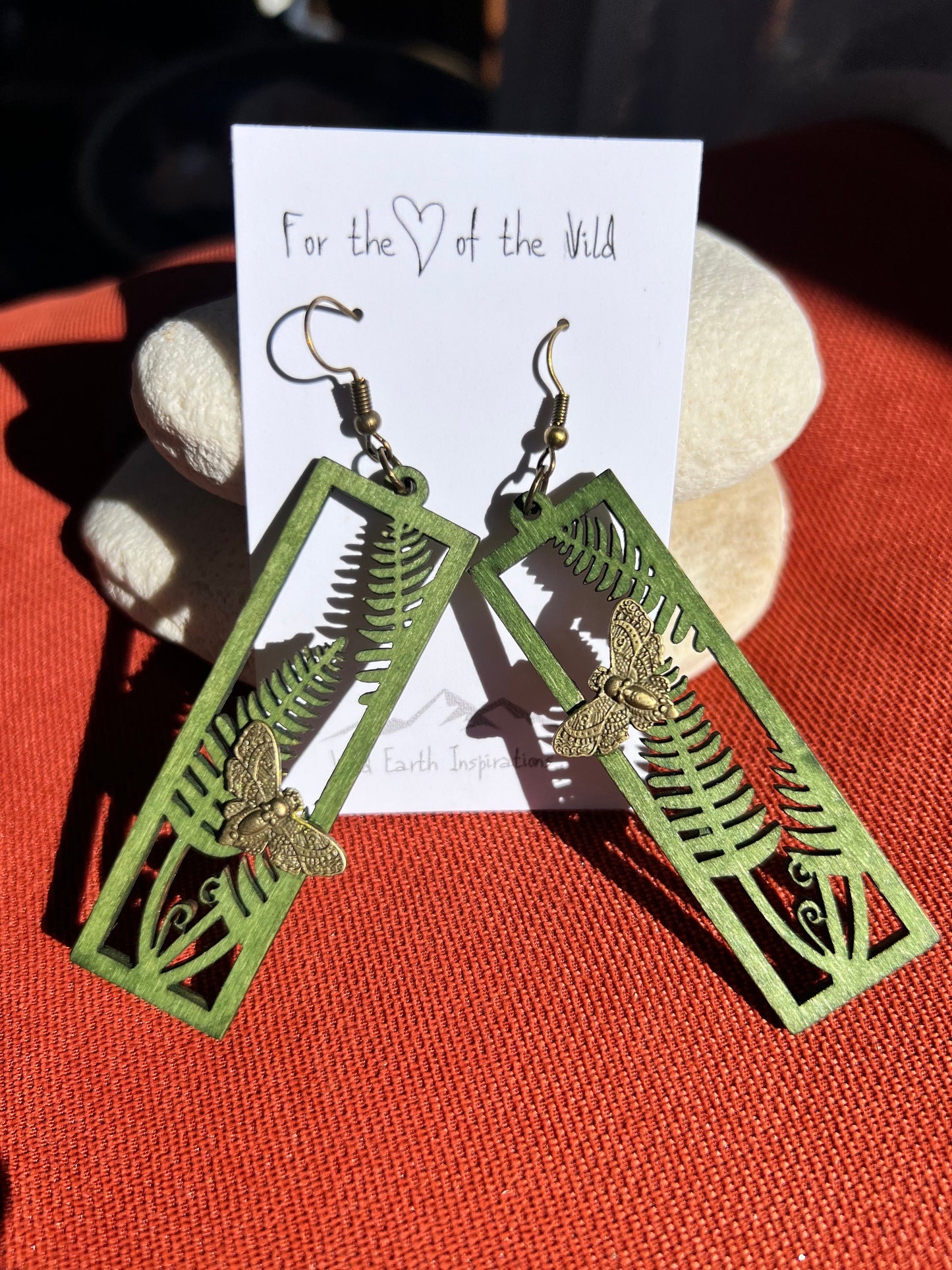 Moth Upon Fern Wooden Earrings