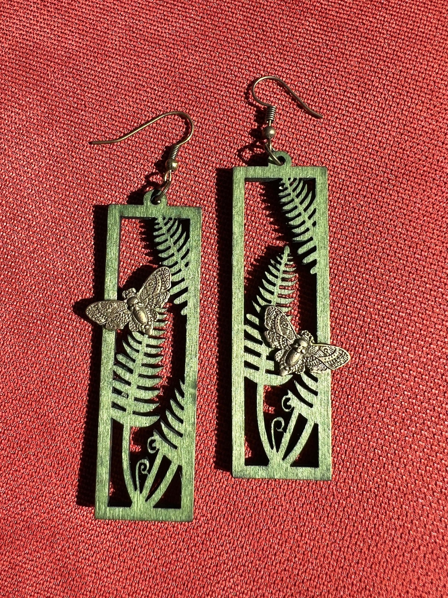 Moth Upon Fern Wooden Earrings