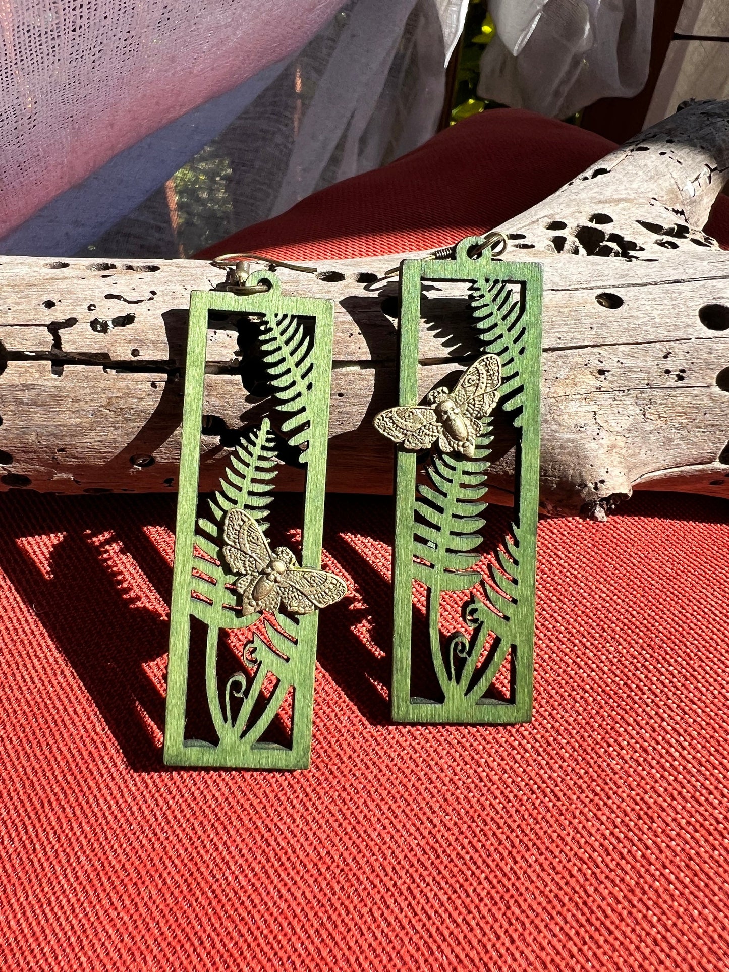 Moth Upon Fern Wooden Earrings