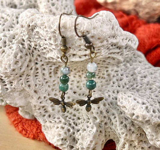 Antique Bee Dangles with Moss Agate Stones