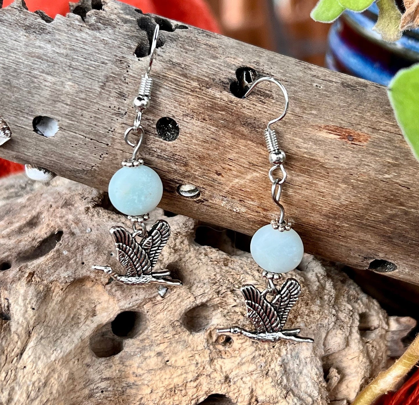 Silver Heron Earrings with Amazonite Stones