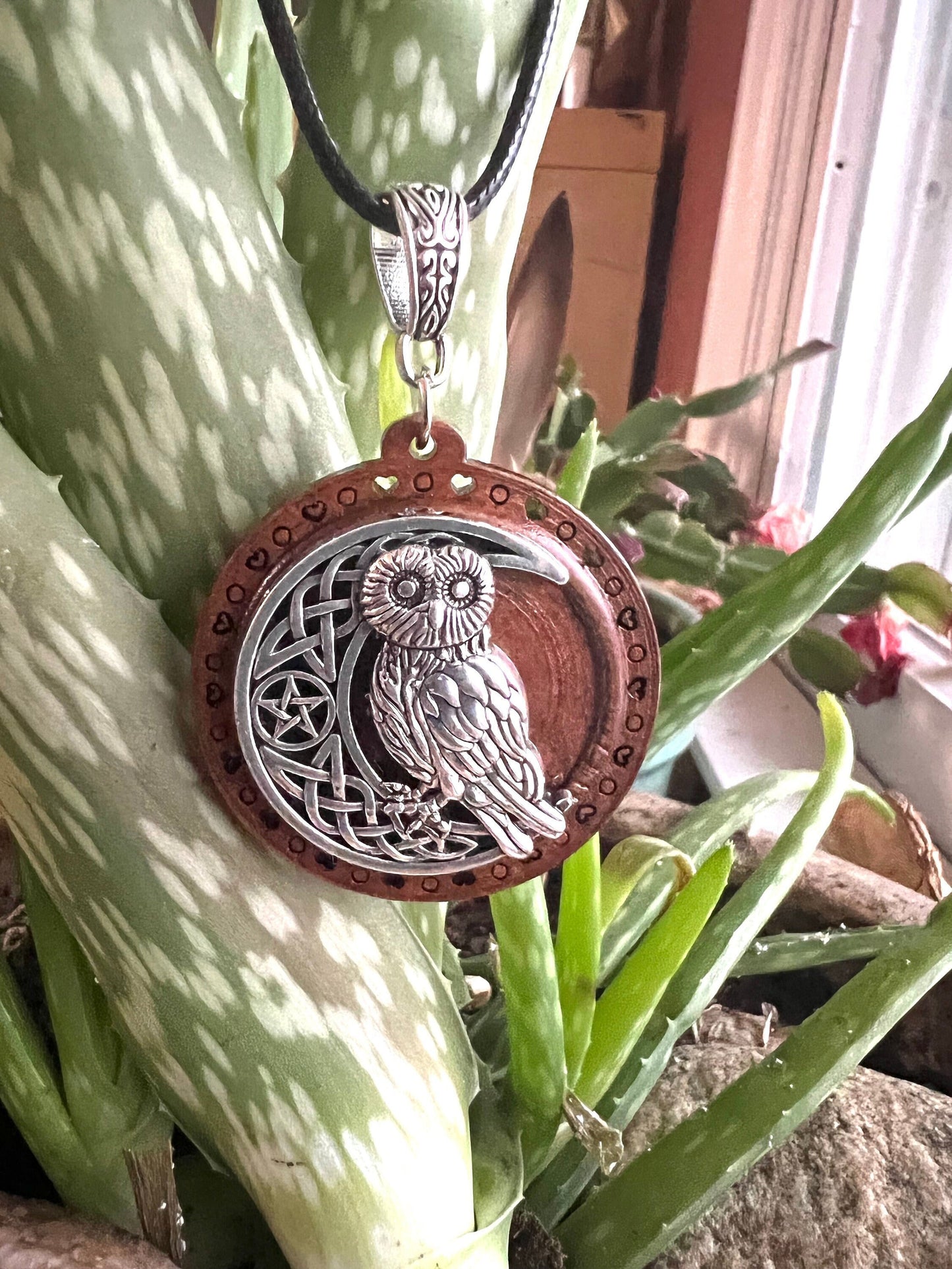 Owl Moon Wooden Pendant (with black corded necklace)