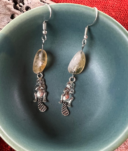 Beaver Citrine Dangle Earrings