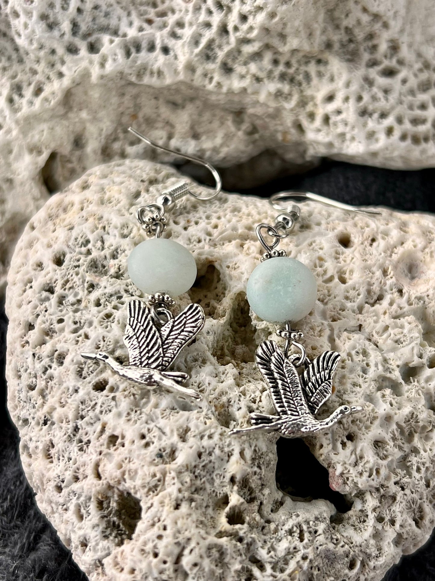 Silver Heron Earrings with Amazonite Stones