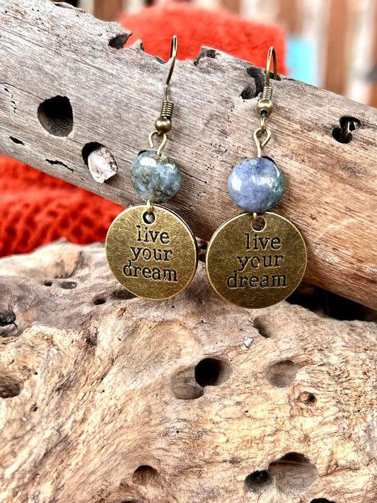 Inspirational “Live Your Dream” antique brass Earrings